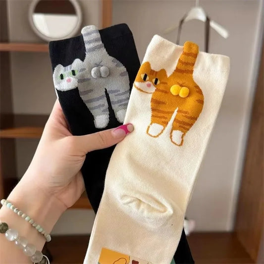 Women's Cute Funny Cat Ins Korean Mid-tube Socks Three-dimensional Ball Creative Socks Gift for Cat Lovers Soft Cotton Socks