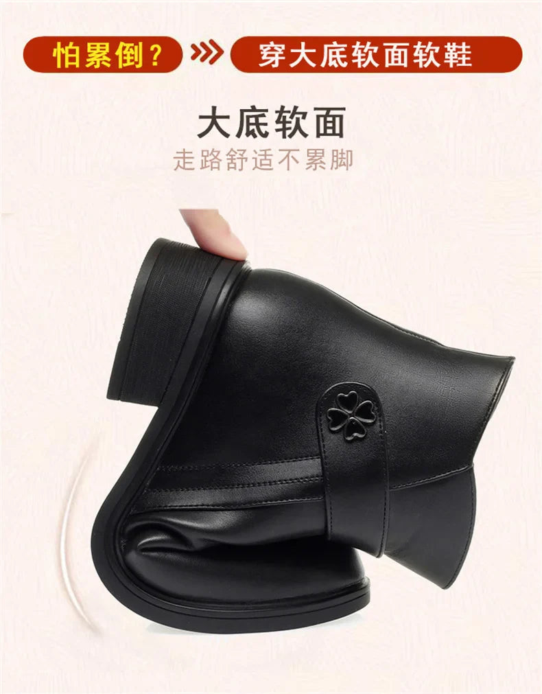 Autumn Winter New High-heeled Short Boots Pure Black Pointed Toe Leather Boots  Wedges Concise Metal Decoration Lucky Symbol