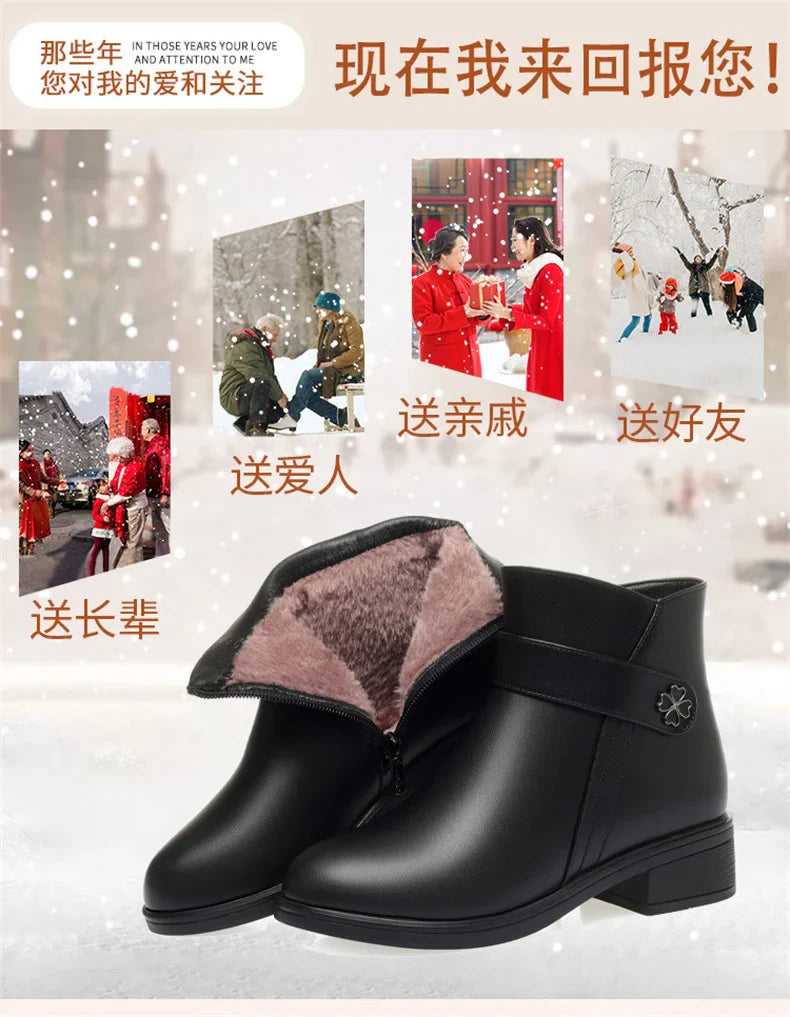 Autumn Winter New High-heeled Short Boots Pure Black Pointed Toe Leather Boots  Wedges Concise Metal Decoration Lucky Symbol