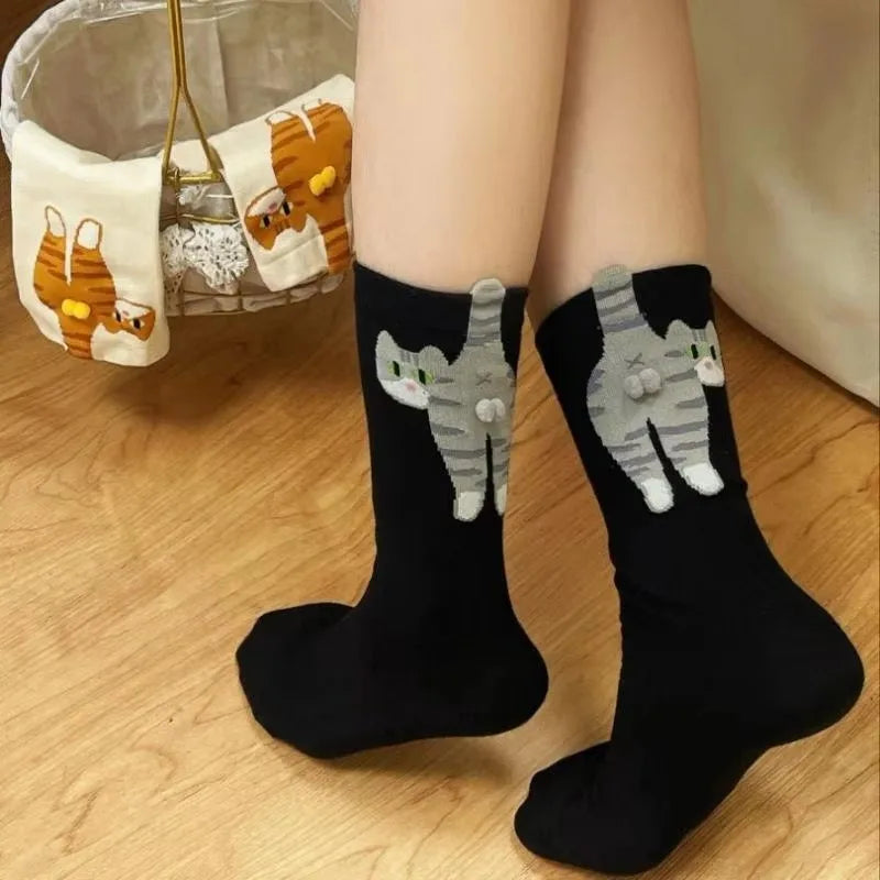 Women's Cute Funny Cat Ins Korean Mid-tube Socks Three-dimensional Ball Creative Socks Gift for Cat Lovers Soft Cotton Socks