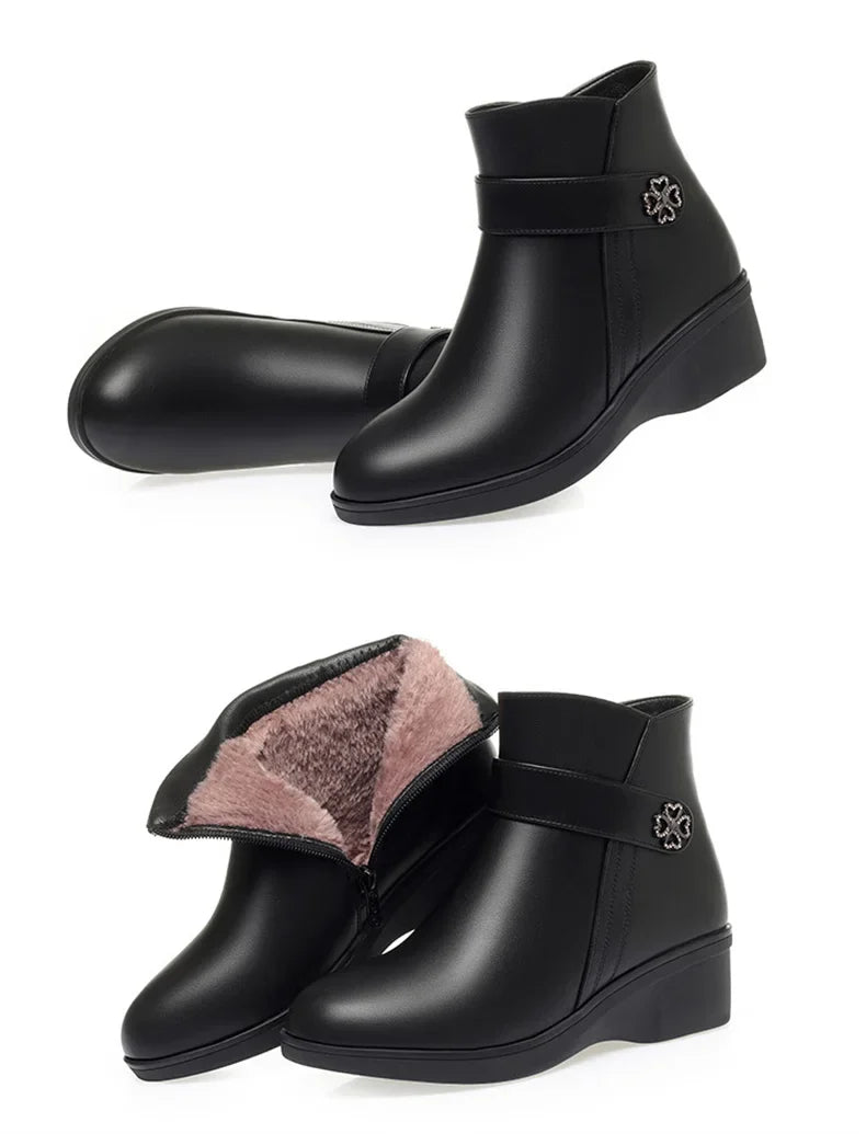 Autumn Winter New High-heeled Short Boots Pure Black Pointed Toe Leather Boots  Wedges Concise Metal Decoration Lucky Symbol