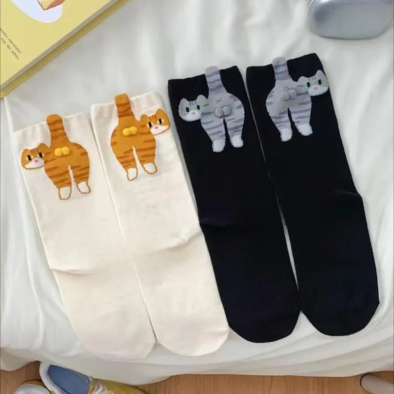 Women's Cute Funny Cat Ins Korean Mid-tube Socks Three-dimensional Ball Creative Socks Gift for Cat Lovers Soft Cotton Socks
