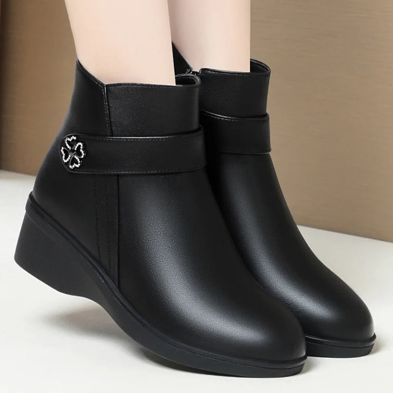 Autumn Winter New High-heeled Short Boots Pure Black Pointed Toe Leather Boots  Wedges Concise Metal Decoration Lucky Symbol