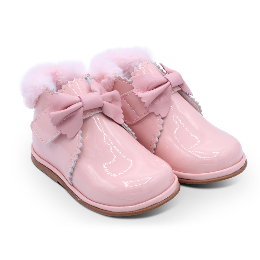 'Shania' Girls Pink Patent Fur Trim Velcro Boots
