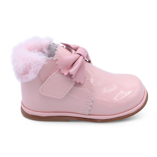'Shania' Girls Pink Patent Fur Trim Velcro Boots