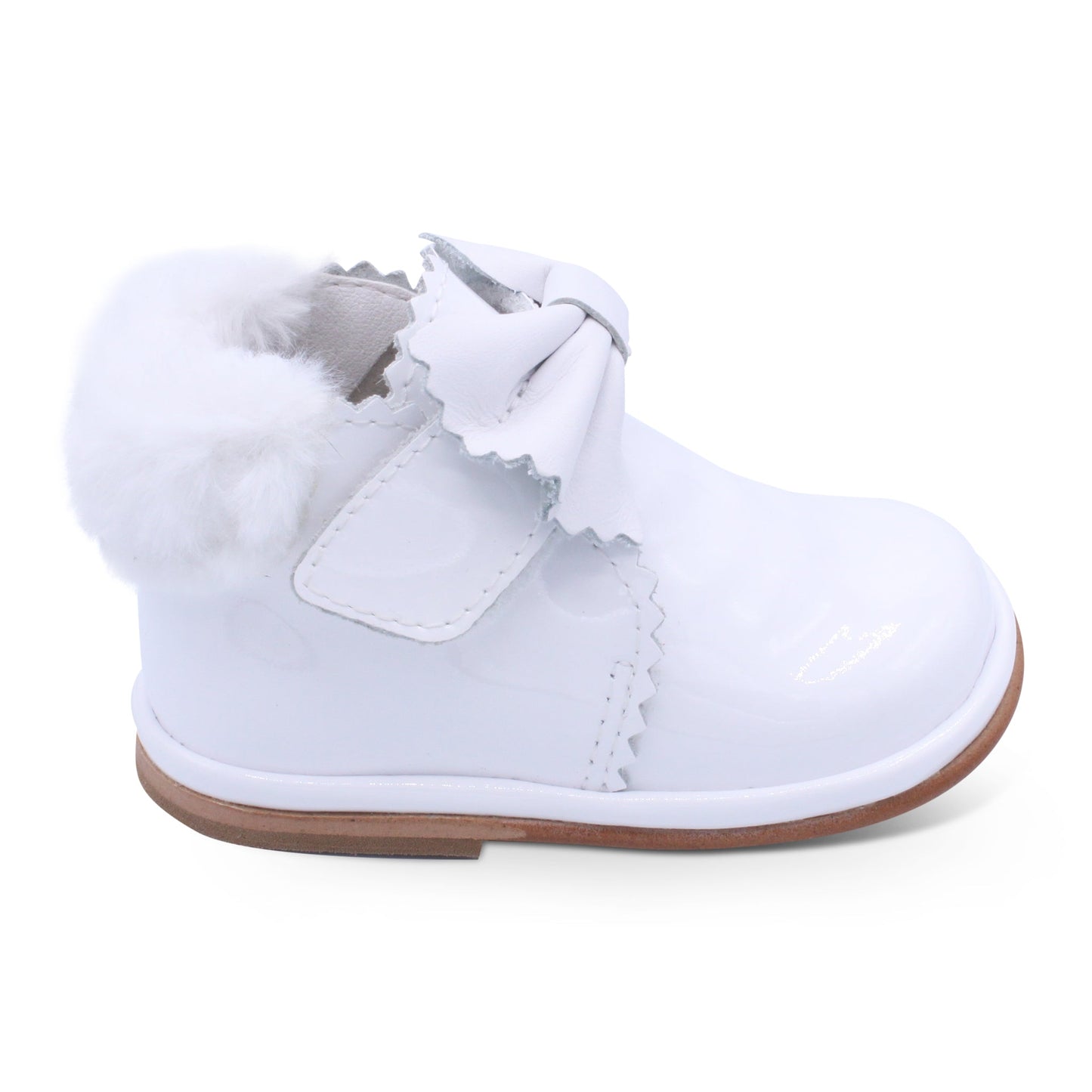 'Shania' Girls White Patent Fur Trim Velcro Boots
