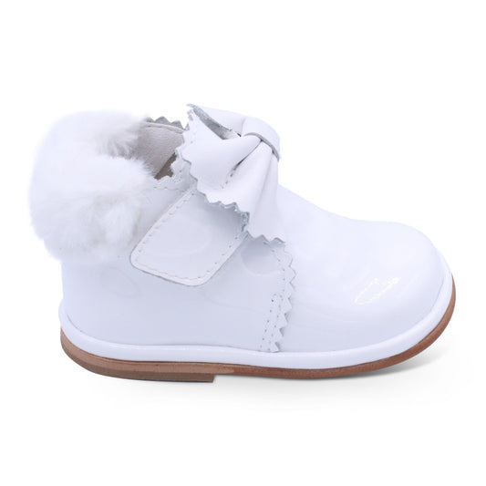 'Shania' Girls White Patent Fur Trim Velcro Boots