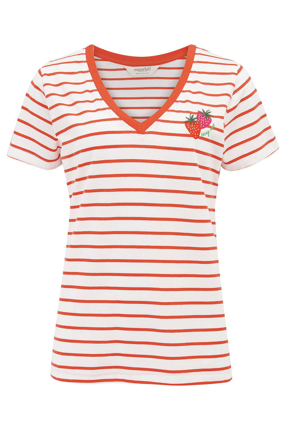 Khloe V-Neck T-Shirt - Red/Off White Stripe, Strawberry
