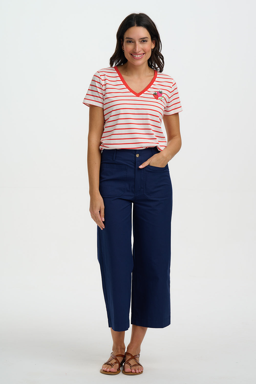 Khloe V-Neck T-Shirt - Red/Off White Stripe, Strawberry