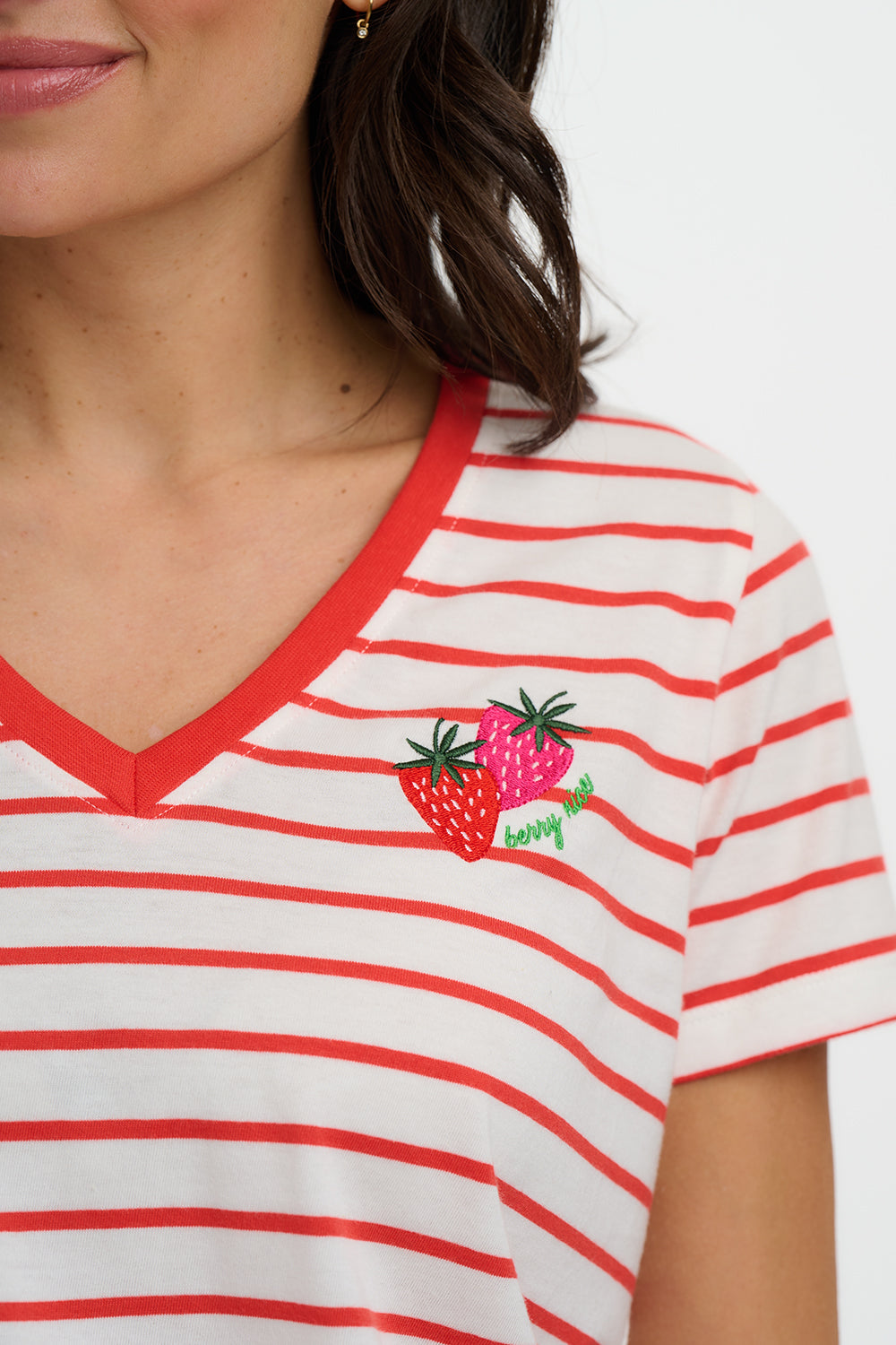 Khloe V-Neck T-Shirt - Red/Off White Stripe, Strawberry