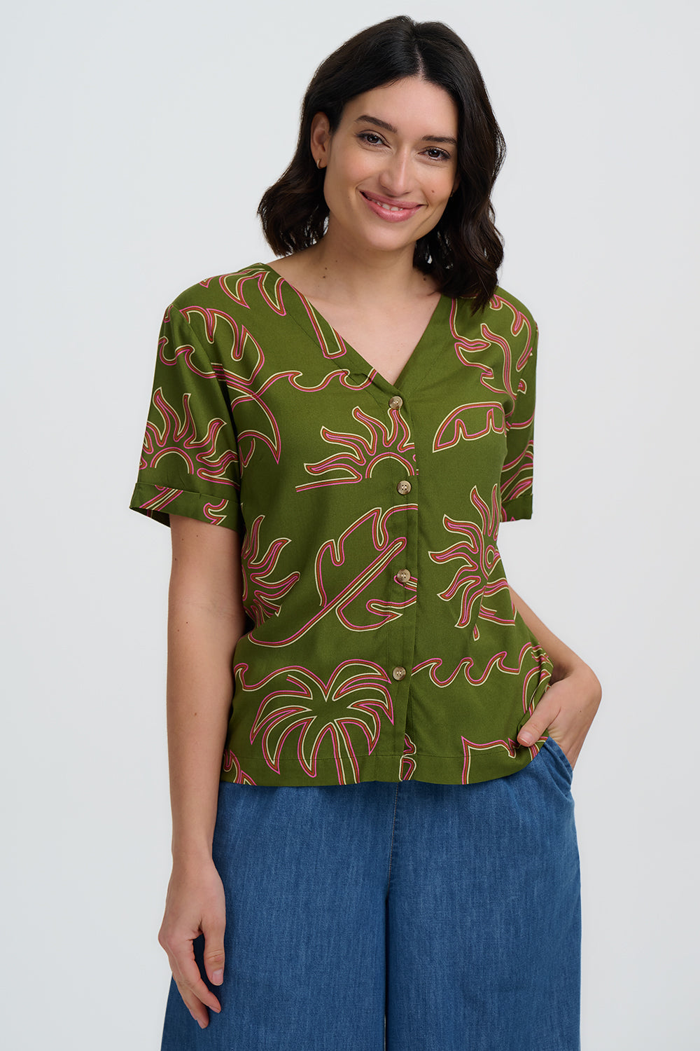 Hatty V-Neck Shirt - Khaki, Tropical Line Drawing