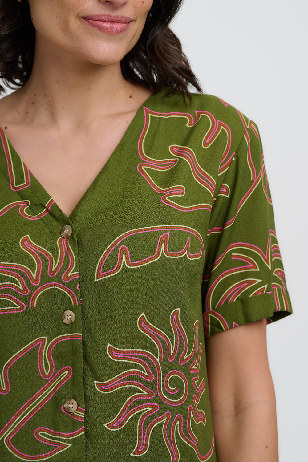 Hatty V-Neck Shirt - Khaki, Tropical Line Drawing