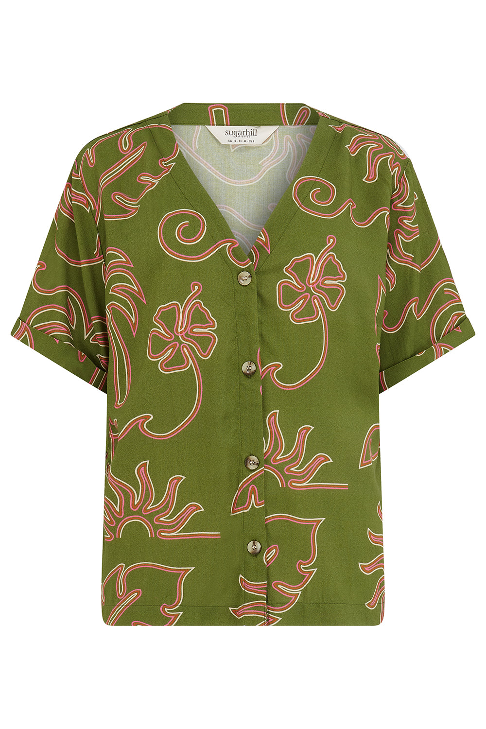 Hatty V-Neck Shirt - Khaki, Tropical Line Drawing