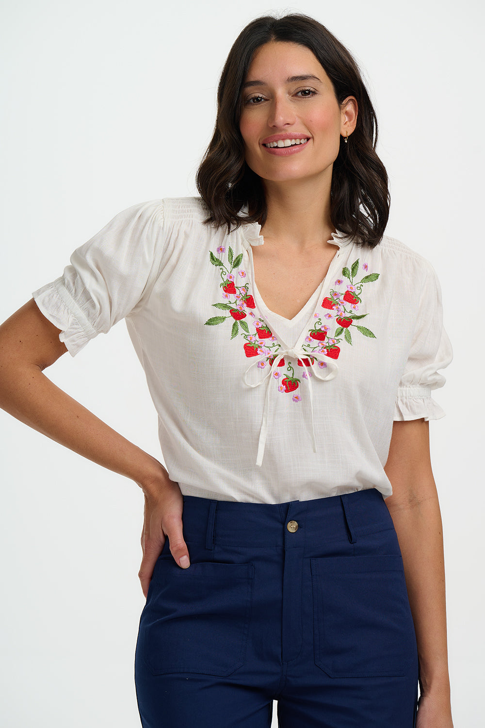 Angelique Shirred Top - Off White, Wild Strawberry