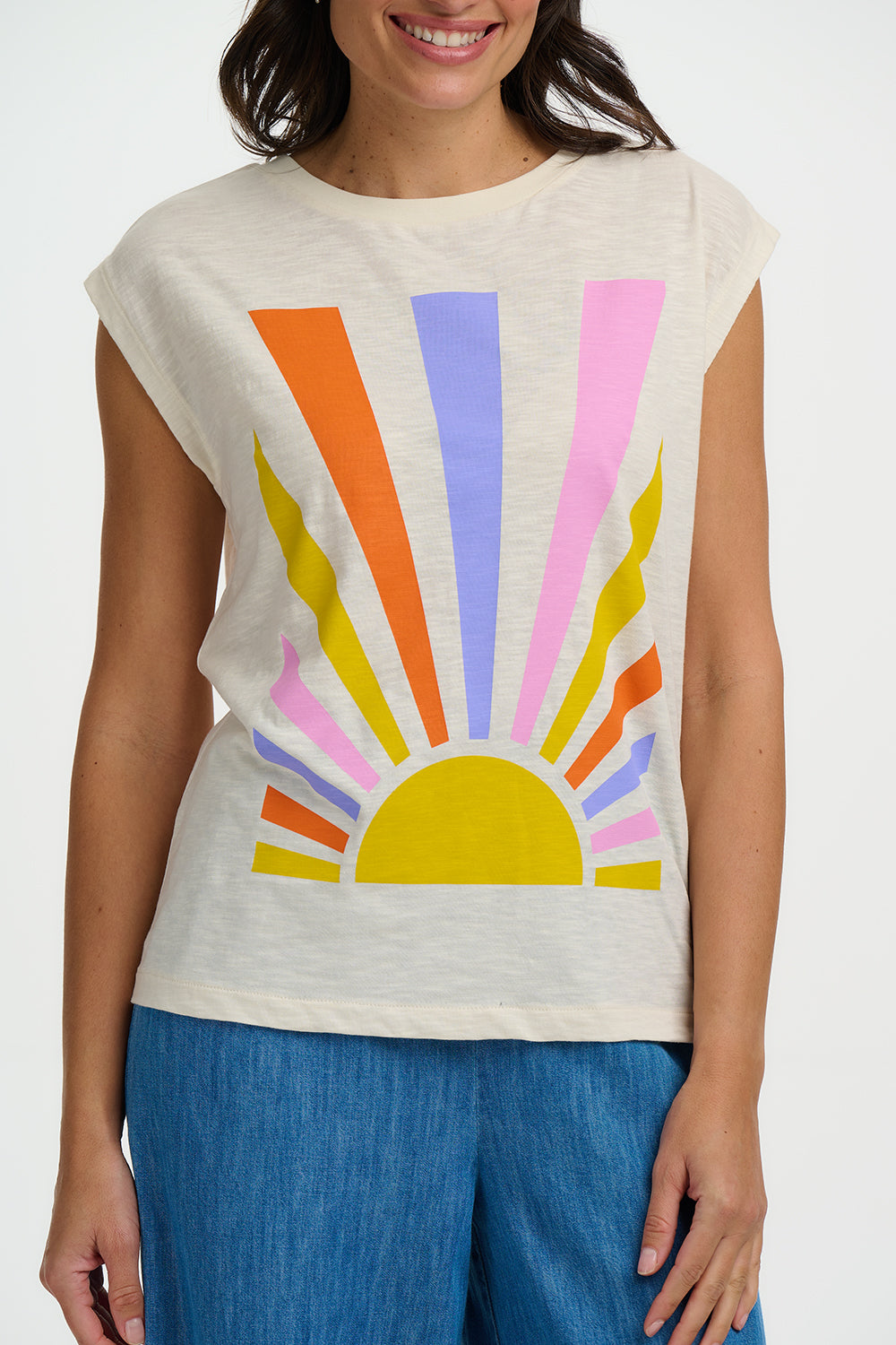 Chrissy Relaxed Tank T-Shirt - Off White, Rainbow Rays