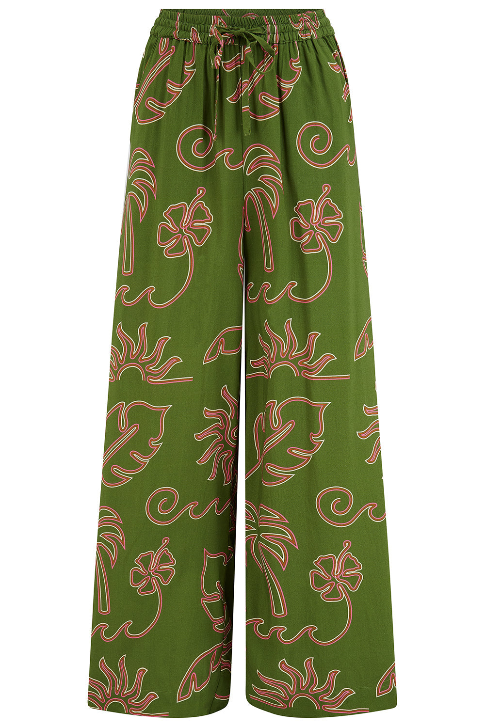 Trinny Wide Leg Trousers - Khaki, Tropical Line Drawing