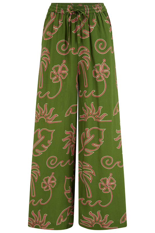 Trinny Wide Leg Trousers - Khaki, Tropical Line Drawing