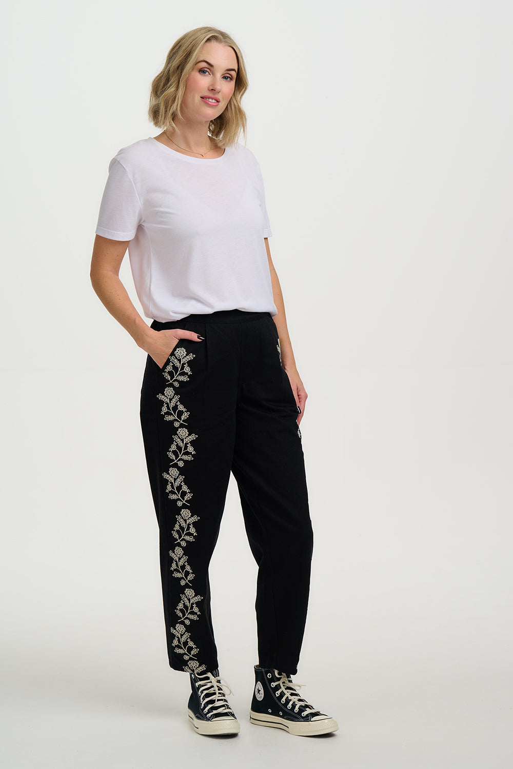 Calista Trousers - Black, Ecru Floral