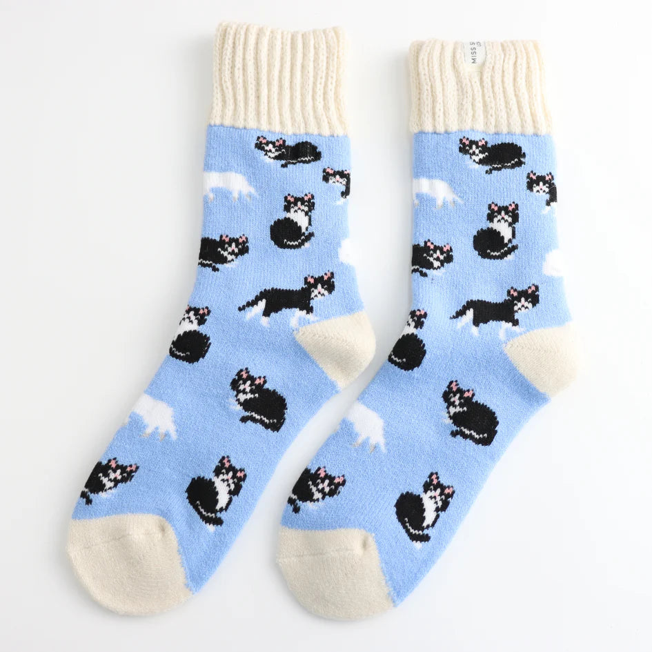 Winter Socks - Black & White Cats Powder Blue