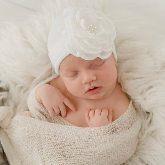 White Silk rose with pearls newborn hospital beanie