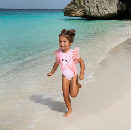 Tulle sleeve one Piece Flamingo Swimsuit