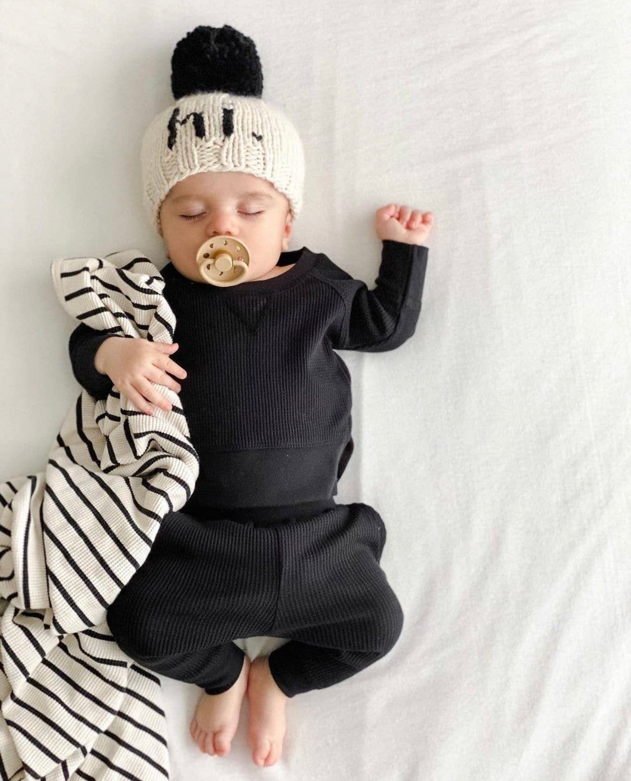 Hi. Cream with Black Knit Baby Beanie Hat