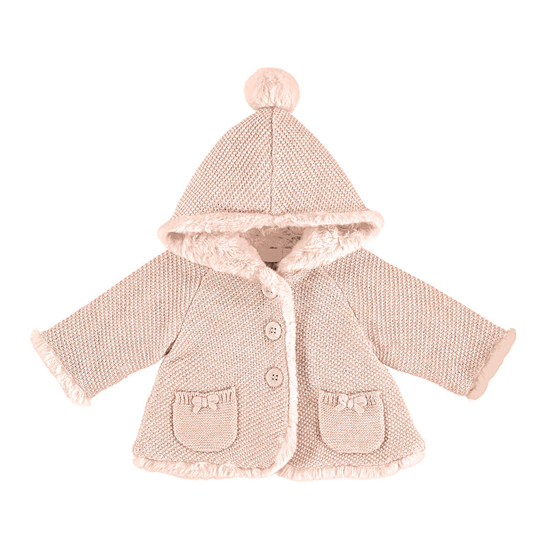 Light Pink Knit Cardigan with Pompom Hood