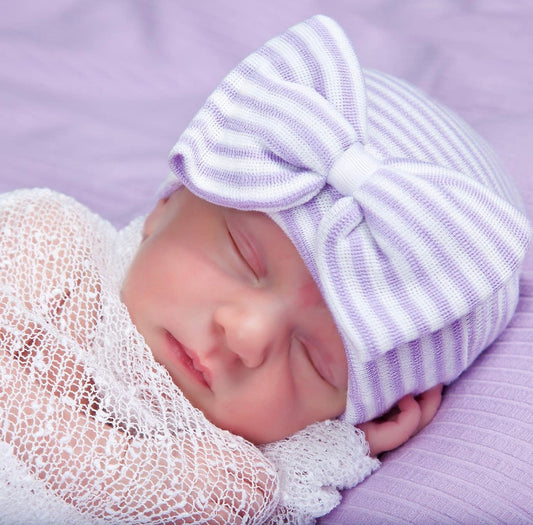 Stella Purple Stripe Bow Newborn Hospital Hat