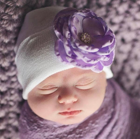 Purple Silk rose with pearls newborn hospital beanie