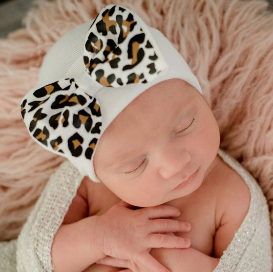 White Lucy Leopard Bow Girls Newborn Hospital Hat