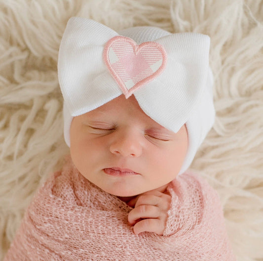White newborn hospital hat with pink heart gingham