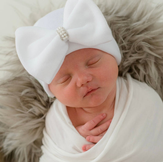 White Bow Pearl Newborn Hospital Hat