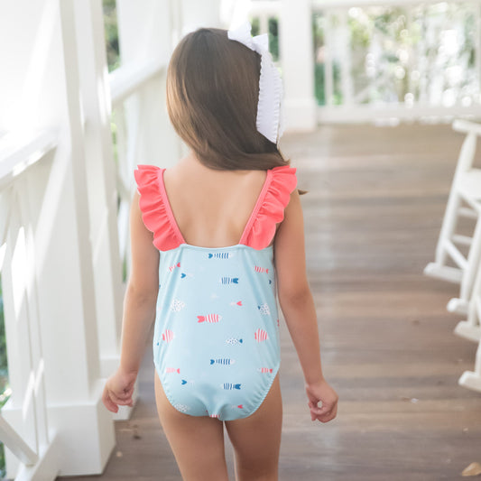 Frances One Piece Fish Swim with Red Ruffles by James and Lottie