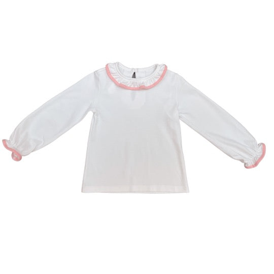 White Ruffle Neck Top pink trim by James and Lottie