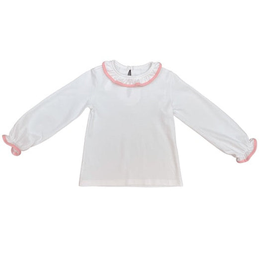 White Ruffle Neck Top pink trim by James and Lottie