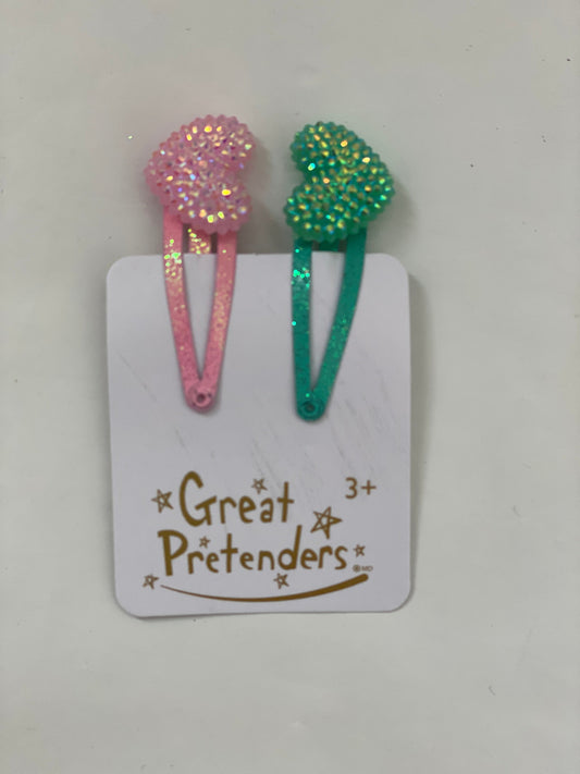 Set of 2 sparkle heart hair clips (pink & green)