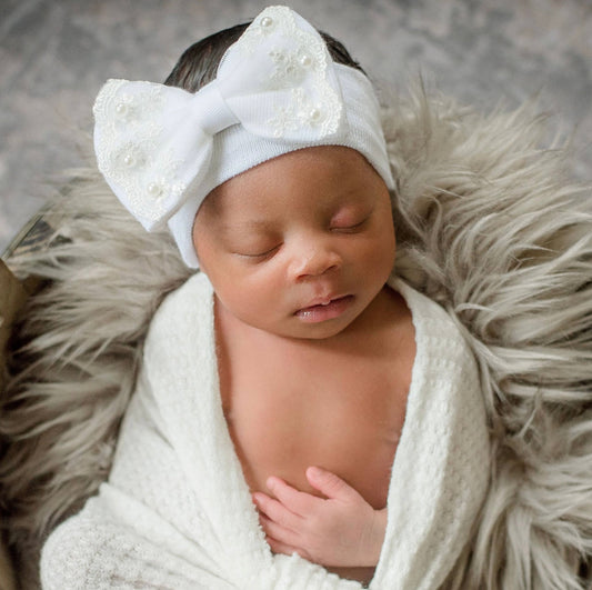 White Headband with Pearl and Lace Trim Bow