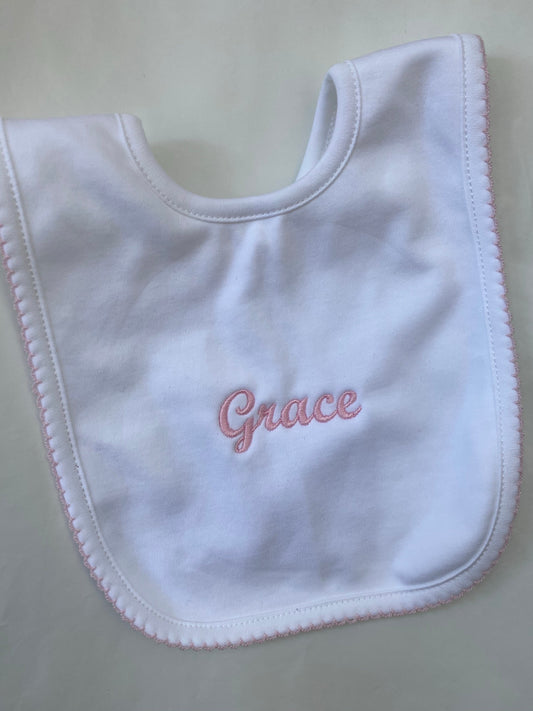 White with pink trim pima cotton bib