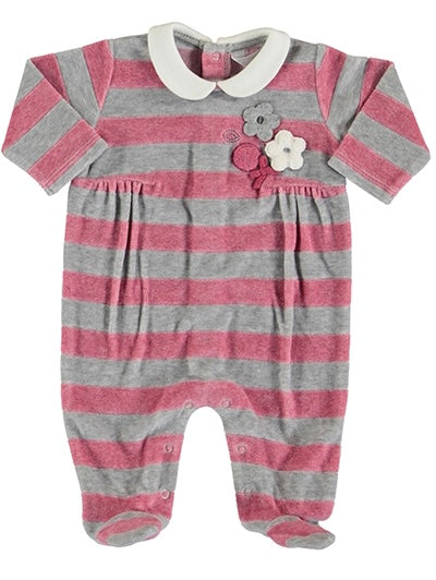 Pink/Grey Velour Footie with Appliqué flowers