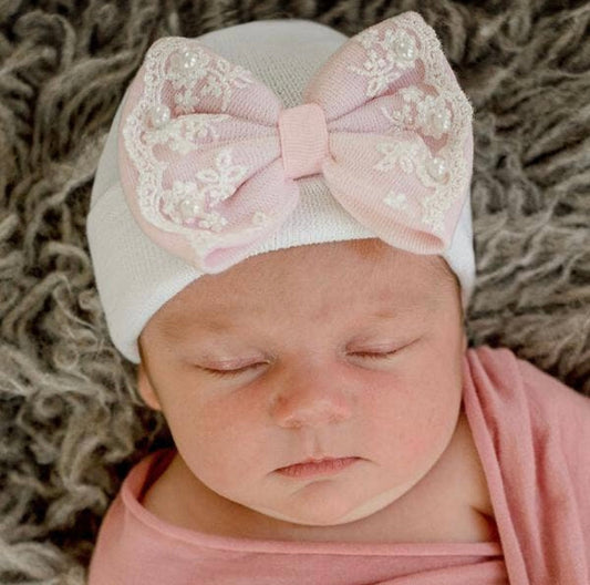 White Newborn Hospital Hat with Pink Pearl and Lace Trim Bow