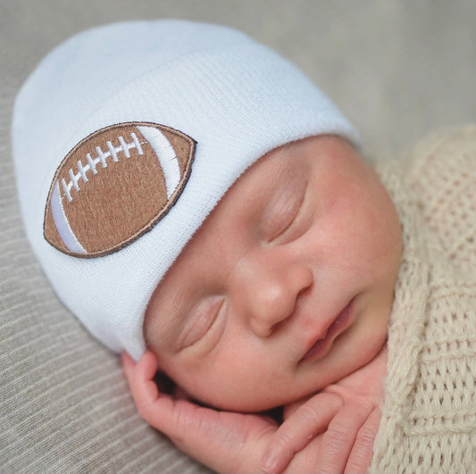 Football Hospital Newborn Beanie Hat in White