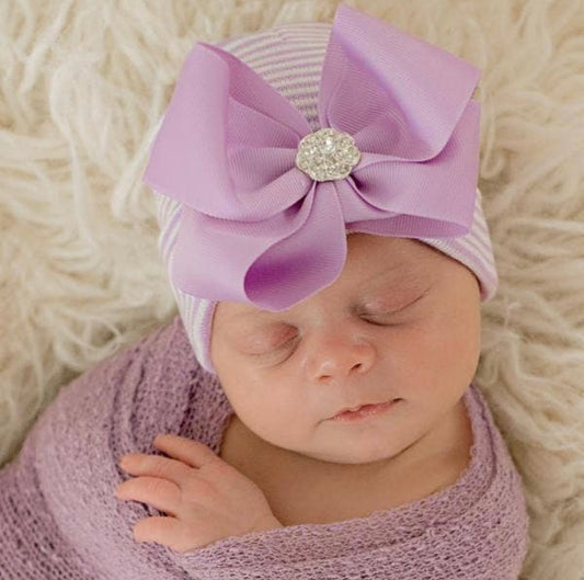 Ciara Bow Purple Stripe Newborn Hospital Hat