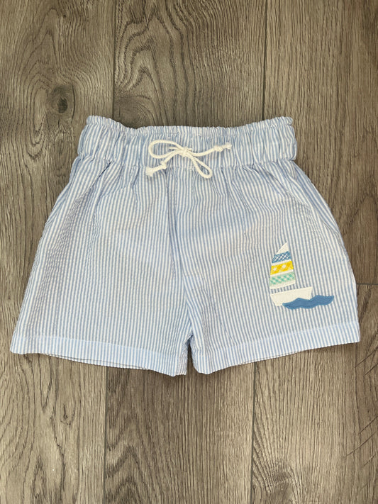 Blue Seersucker Sailboat Swim Trunks