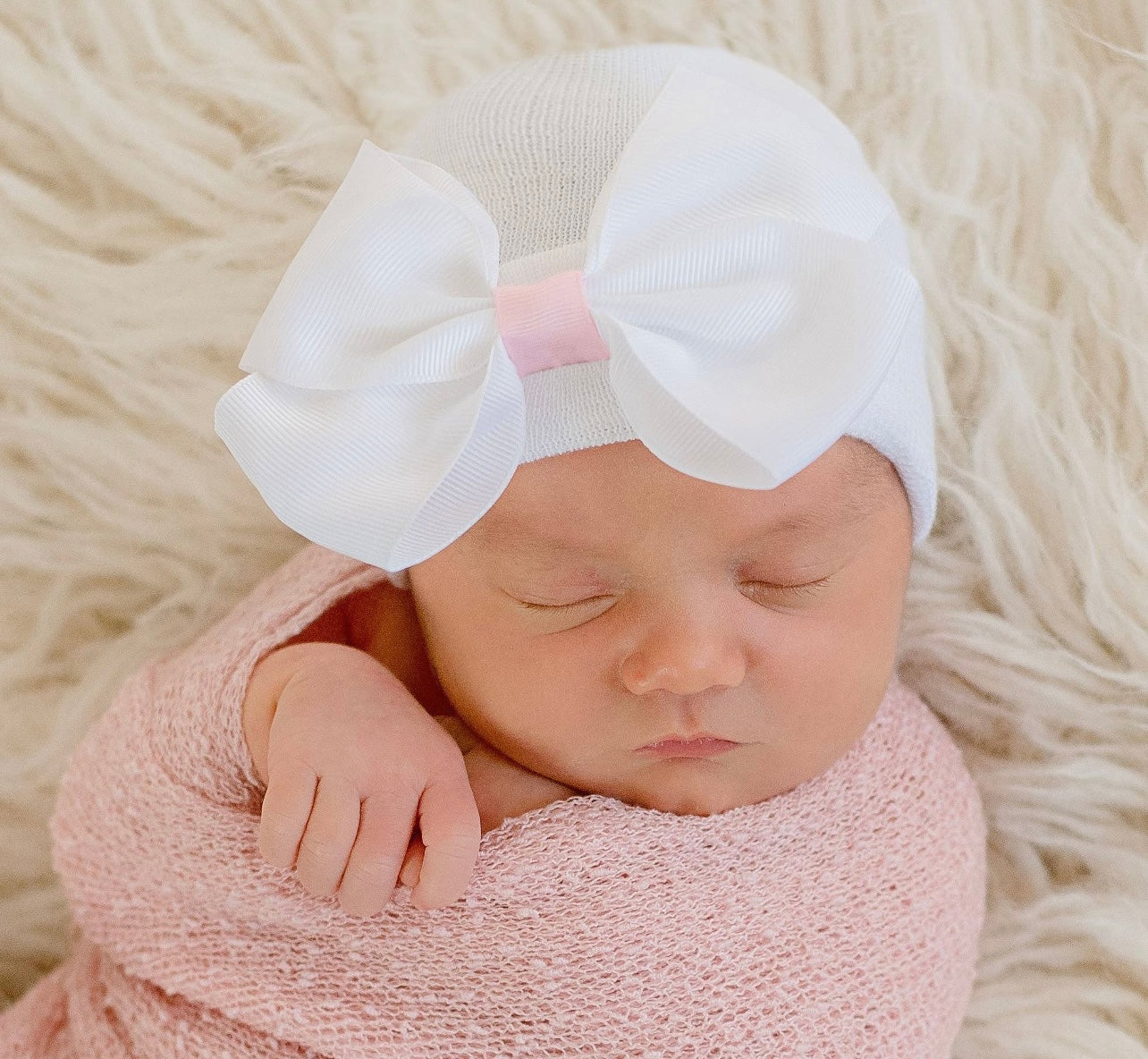 Sophie Big White Bow with pink center Newborn Hospital Hat