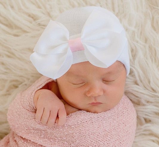 Sophie Big White Bow with pink center Newborn Hospital Hat