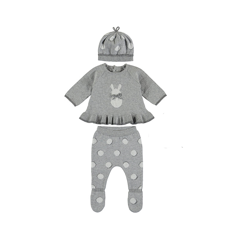 Knit Top, Footed Pants and Hat with Polka Dots and Bunny