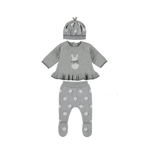 Knit Top, Footed Pants and Hat with Polka Dots and Bunny