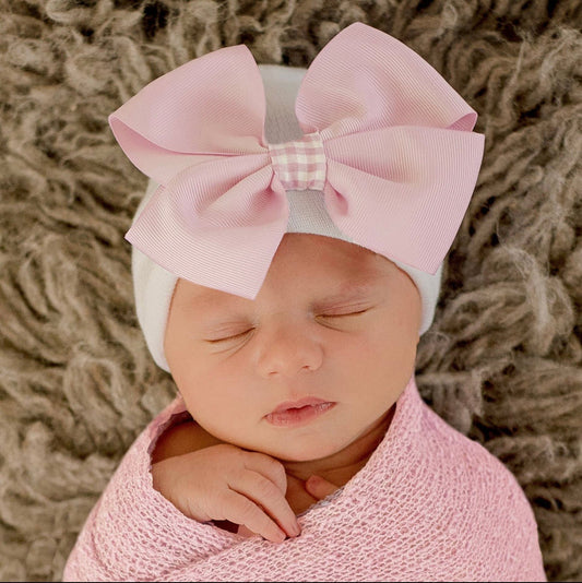 Pink Bow with gingham trim newborn hospital beanie