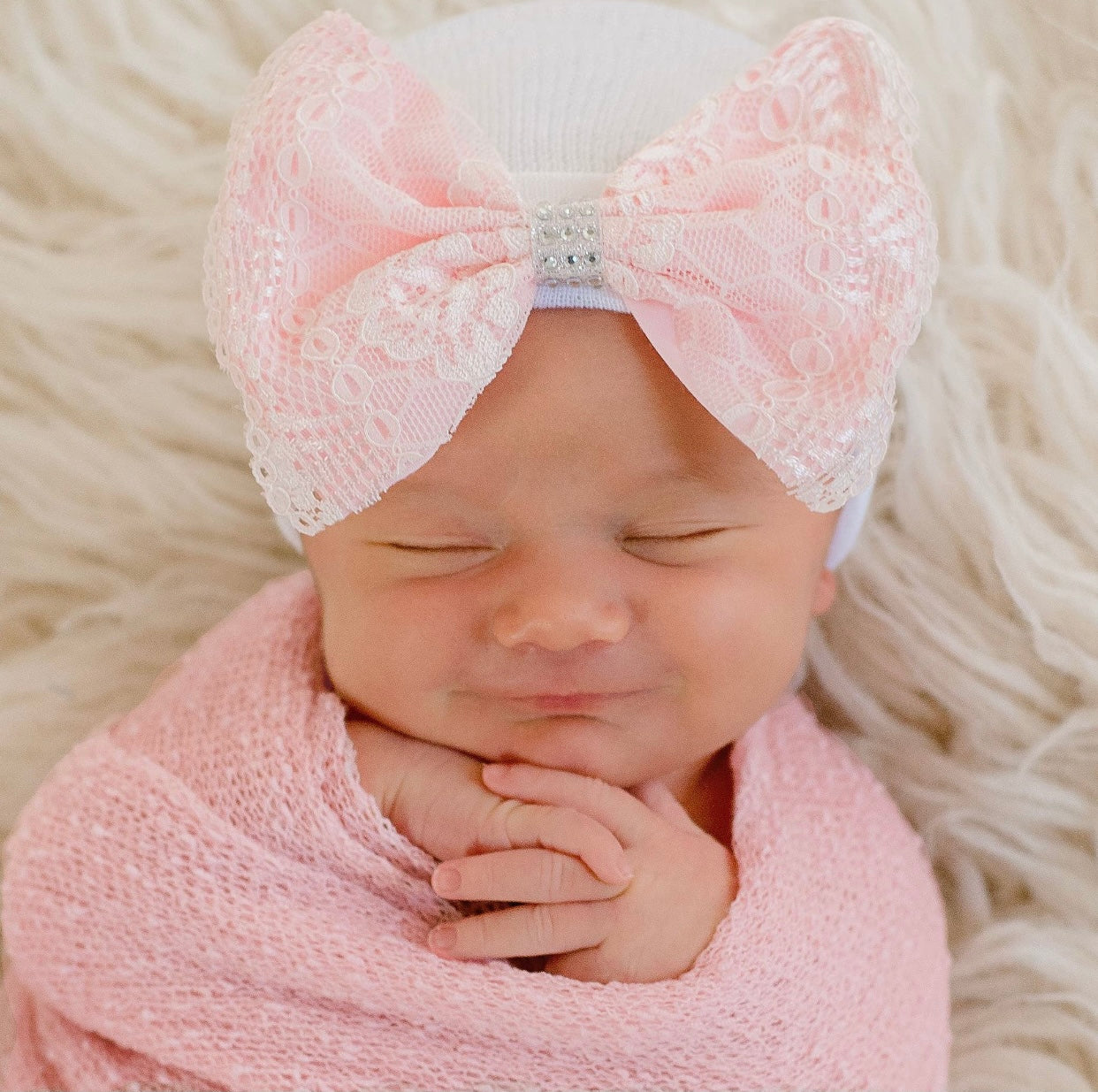 Pink Lace Bow with Silver Rhinestones on White Hospital Hat