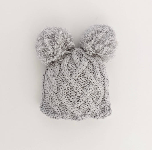 Grey Knit Newborn Double Pom Pom Hat